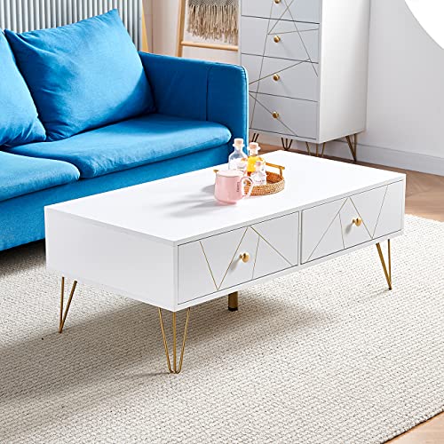 Urkitd, White Coffee Table Modern Side Table with 2 Drawers, Wooden Centre Table with Unique Golden Groove Front, Coffee Tea Table for Living