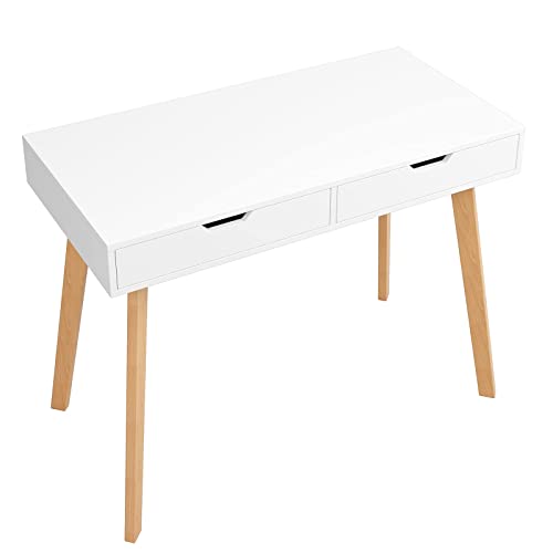 maraz, White Computer Desk Writing Table with 2 Drawers Laptop PC Table Workstation Wooden for Home Office Bedroom