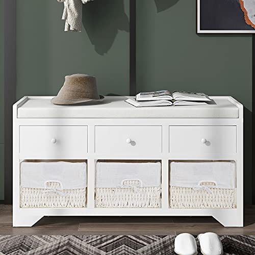 LIFE CARVER, White Storage Bench with Cushion. Shoe Cabinet with 3 Drawers, 3 Storage Baskets and Cushion seat, Hallway Bench Seat 6 Pull-Out