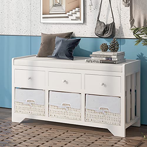 LIFE CARVER, White Storage Bench with Cushion. Shoe Cabinet with 3 Drawers, 3 Storage Baskets and Cushion seat, Hallway Bench Seat 6 Pull-Out