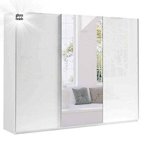 Dako, White with Mirror Sliding Door Wardrobe 270cm MAROCCO with 2 Hanging rails & a Section with Small Shelves & a Smaller Hanging Rail