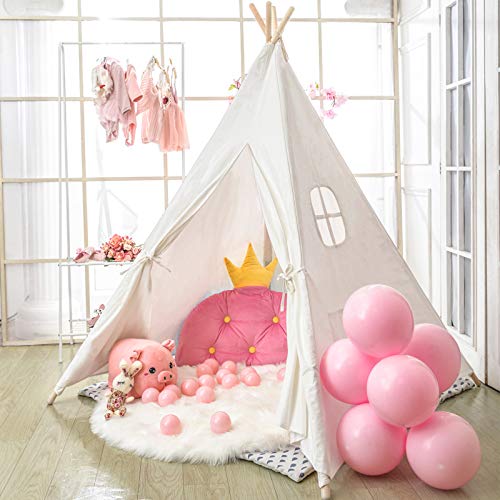 Wilwolfer, Wilwolfer Teepee Tent for Kids Foldable Children Play Tent for Girl and Boy with Carry Case 4 Poles White Canvas Playhouse Toy for Indoor