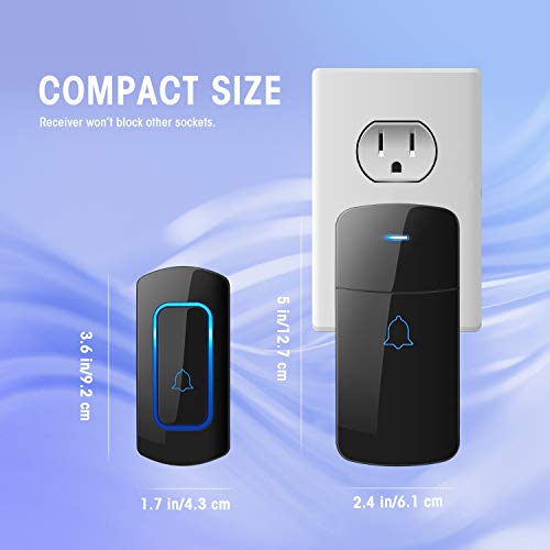 NOVETE, Wireless Doorbell, NOVETE 1300ft Long Range Door Chime, IP55 Waterproof Electric Cordless Doorbell, 1 Push Button and 2 Plug-in Receivers with LED Flash, 52 Melodies, 5 Volume Levels