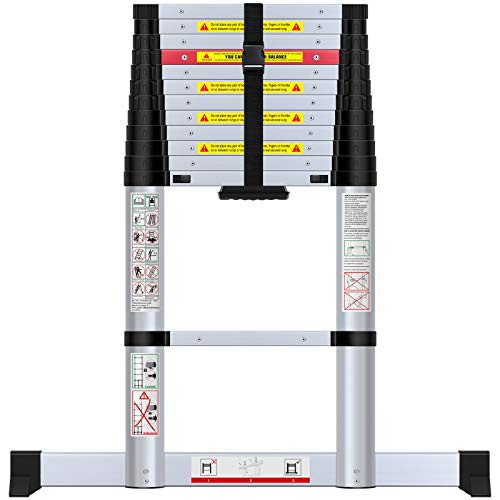 Wolfwise, WolfWise 3.8M Telescopic Ladder with Stabiliser Bar, Aluminum Telescopic Extension Tall Multi Purpose Loft Ladder, 330 pound/150 kg Capacity Black