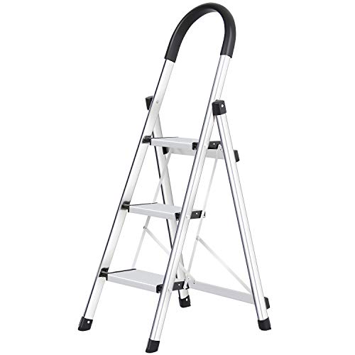 Wolfwise, WolfWise 3/4-Step Stool Ladder Portable Folding Anti-Slip with Rubber Hand Grip 330lbs Capacity,Silver Household Stepladders (3 step)