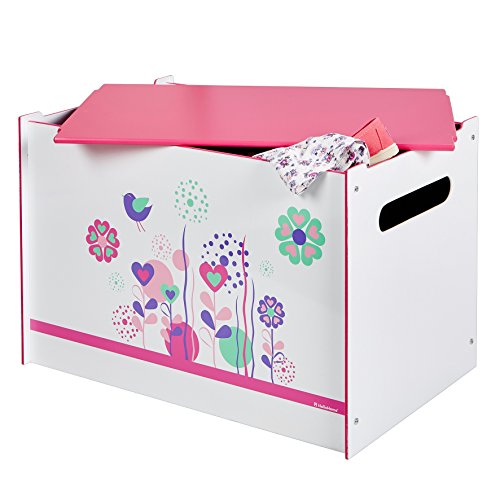 Worlds Apart, Worlds Apart Flowers and Birds Kids Toy Box - Childrens Bedroom Storage Chest with Bench Lid by HelloHome, White, 39.5x39.5x60.0 cm
