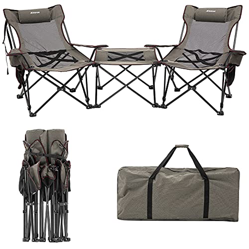 XGEAR, XGEAR Set of 2 Camping Chairs with Detachable Table Portable Folding Reclining Chairs with Cup Holder and Carry Bag for Outdoor