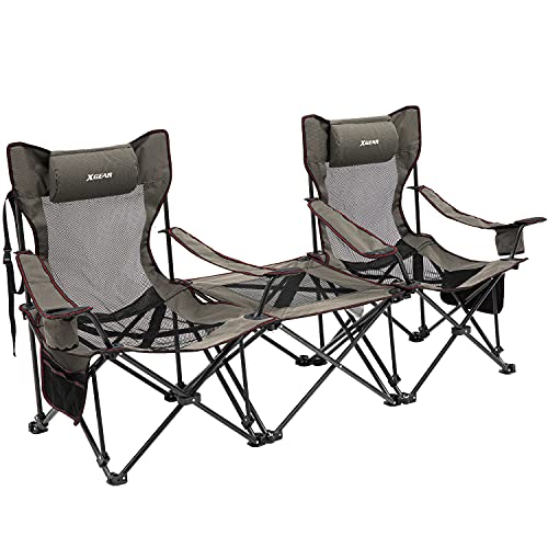 XGEAR, XGEAR Set of 2 Camping Chairs with Detachable Table Portable Folding Reclining Chairs with Cup Holder and Carry Bag for Outdoor