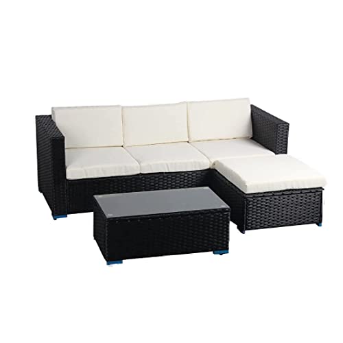 Xeo Home, Xeo Home 3 PC Modern Rattan Garden Furniture L Shape Set Premium 4 Seater Indoor Outdoor Indoor Out Sunny Coffee Table and Sofa Patio