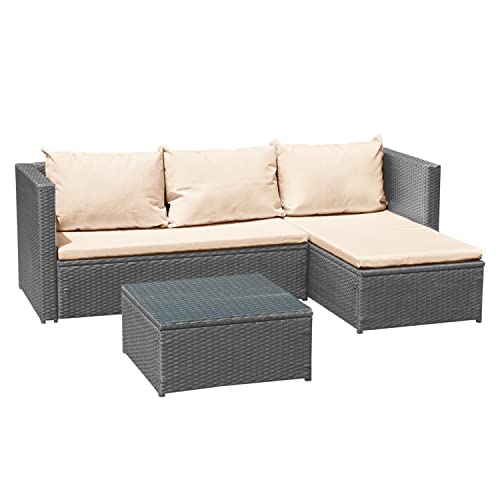 Xeo Home, Xeo Home Corner L Shape Rattan Garden Furniture Sofa Sets Outdoor Lounge 3 PC Seating Modern Lounger Indoor Seater with Table Patio