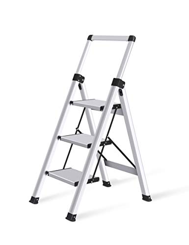 XinSunho, Xinsunho Step Ladder 3 Step Stool, Retractable Handgrip Aluminium Ladders 3 Tread, Folding Steps Anti-Slip 330lbs Capacity Safety