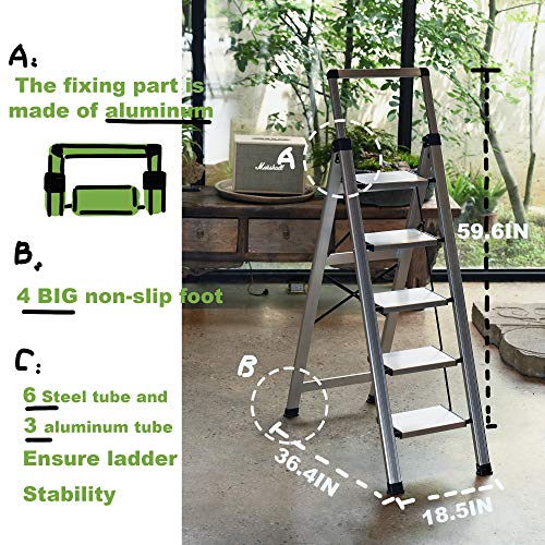 XinSunho, Xinsunho Step Ladder 5 Step Stool, Retractable Handgrip Aluminium Ladders 5 Tread, Folding Steps Anti-Slip 330lbs Capacity Safety