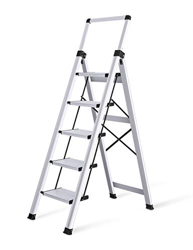 XinSunho, Xinsunho Step Ladder 5 Step Stool, Retractable Handgrip Aluminium Ladders 5 Tread, Folding Steps Anti-Slip 330lbs Capacity Safety