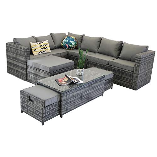 YAKOE, YAKOE VANCOUVER 9 SEATER CORNER RATTAN GARDEN SET IN GREY WITH FITTING COVER