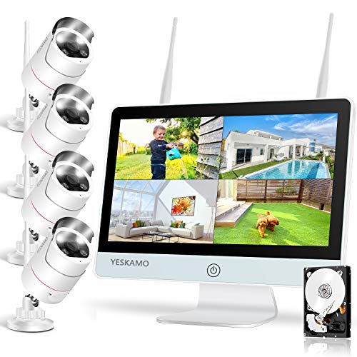 YESKAMO, YESKAMO Wireless CCTV Camera System, 2 Way Audio Floodlight 3MP CCTV Cameras 12 Inch IPS Monitor Outdoor Home All in One Security