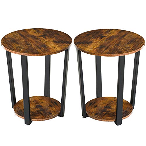 YMYNY, YMYNY Industrial Side Table, Set of 2 Round End Table with Storage Shelves, Sofa Table with Metal Frame, Easy Assembly, for Living Room