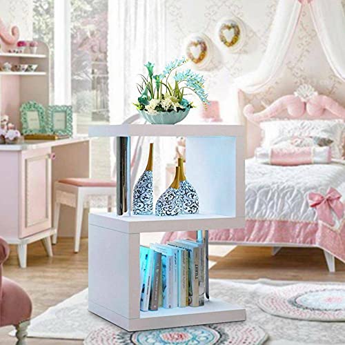 YORKING, YORKING LED Side Table Coffee Table White Gloss Side Table 2 Tier Modern Storage Shelves Unit for Living Room Bedroom Small Spaces