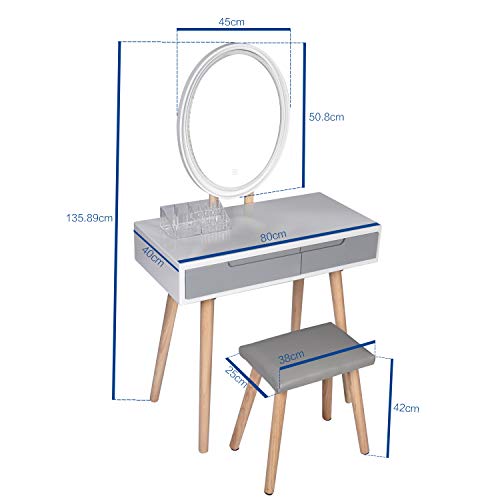 YOURLITE, YOURLITE Dressing Table with LED Lights Mirror - White Vanity Makeup Table Set with Adjustable Brightness Mirror, Cushioned Stool and Free Make-up Organizer (White+Grey+Oval Mirror)