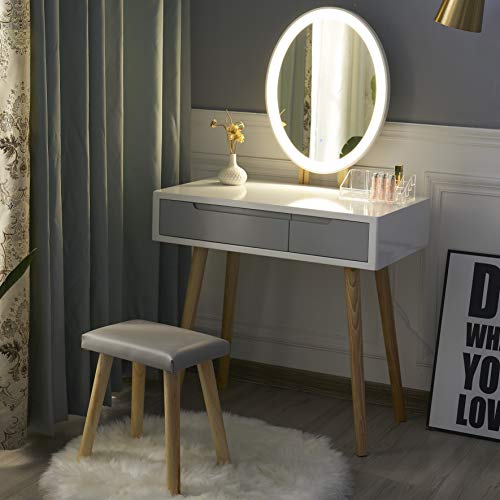 YOURLITE, YOURLITE Dressing Table with LED Lights Mirror - White Vanity Makeup Table Set with Adjustable Brightness Mirror, Cushioned Stool and Free Make-up Organizer (White+Grey+Oval Mirror)