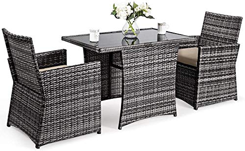 YRRA, YRRA 3-Piece Outdoor Dining Set Space-Saving Rattan Bistro Set with Glass Top Coffee Table & 2 Cushioned Chairs Patio Conversation