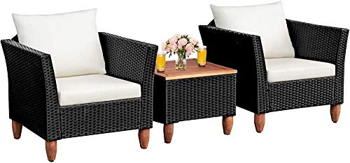 YRRA, YRRA 3 Piece Patio Furniture Set Outdoor Wicker Rattan Bistro Sofa Set w/Washable Cushion Wood Top Coffee Table Conversation Set