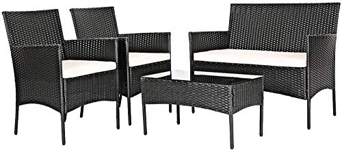 YRRA, YRRA 4 PCS Patio Furniture Set Outdoor Wicker Conversation Set w/Tempered Glass Coffee Table Rattan Sofa & Chairs Set w/Comfortable