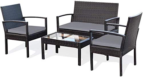 YRRA, YRRA 4 Piece Patio Conversation Set with Glass Coffee Table Loveseat & 2 Single Chairs Patio Outdoor Garden Lawn Rattan Wicker Chat Set