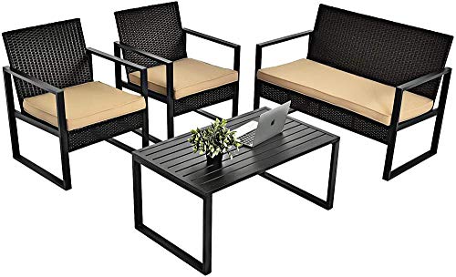 YRRA, YRRA 4-Piece Patio Rattan Furniture Set Outdoor Conversation Set w/Seat Cushions & Coffee Table Sturdy Metal Frame Sectional Wicker