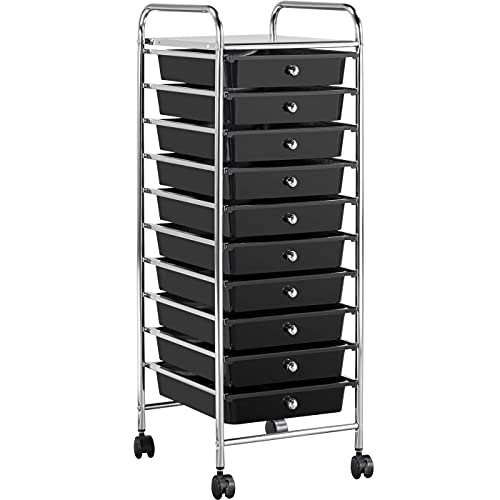 Yaheetech, Yaheetech 10 Drawers Rolling Storage Cart with Lockable Wheels, Plastic Mobile Utility Trolley Unit for School, Office, Home and Salon, Black