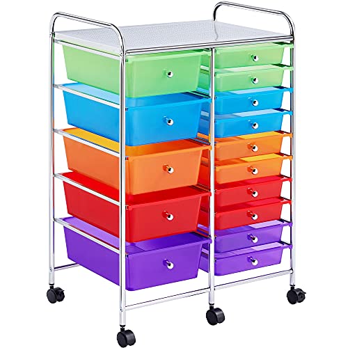 Yaheetech, Yaheetech 15 Drawers Storage Cart, Multipurpose Mobile Organizer with Wheels, Utility Rolling Trolley for Home Office, Multicolour