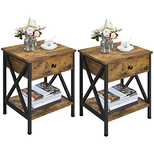 Yaheetech, Yaheetech 2pcs Bedside Table End Table Industrial Vintage 2-Layer Side Table Nightstand Industrial Vintage Side Table Mental Frame Bedside