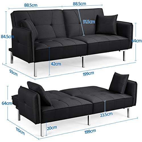 Yaheetech, Yaheetech 3 Seater Sofa Bed Fabric Sofa Couches Adjustable Backrest Sofa Bed with Arms and 2 Cushions for Living Room/Bedroom Black