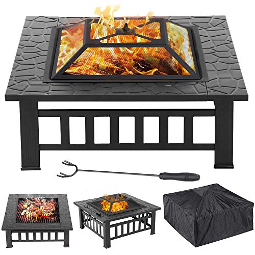 Yaheetech, Yaheetech 3 in 1 Outdoor Fire Pit - Metal Brazier Square Table Firepit Garden Patio Heater/BBQ/Ice Pit with Waterproof Cover
