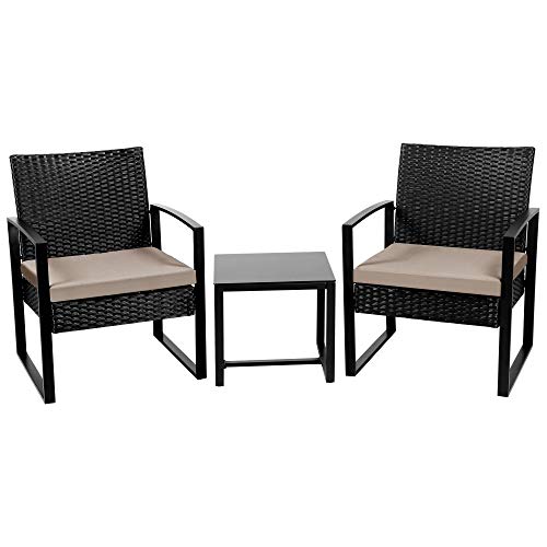 Yaheetech, Yaheetech 3Pcs Garden Furniture Set 2 Seater Rattan Chairs & 1 Table Outdoor Patio Bistro Set for Balcony/Lawn/Garden, with Beige Cushions