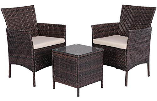 Yaheetech, Yaheetech 3pcs Garden Furniture Sets 2 Seater Outdoor Patio Furniture set Weaving Wicker Rattan Chairs and Table with Beige Cushions Brown