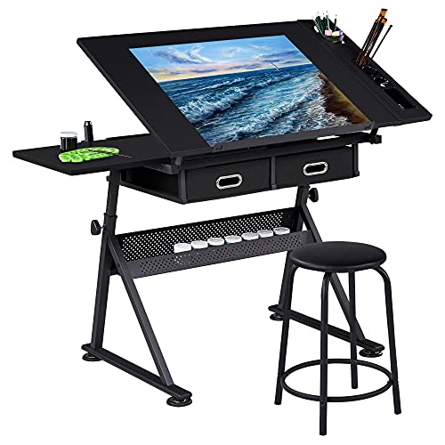 Yaheetech, Yaheetech Art Desk/Table with Adjustable Height 65-90.5cm, 2 Drawers & Tiltable Tabletop, Drafting/Drawing Table Art/Craft Desk