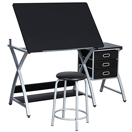 Yaheetech, Yaheetech Art/Drawing Desk with Adjustable Height Tiltable Tabletop Drafting Board Craft Table with Storage Drawers and Stool Studying Table