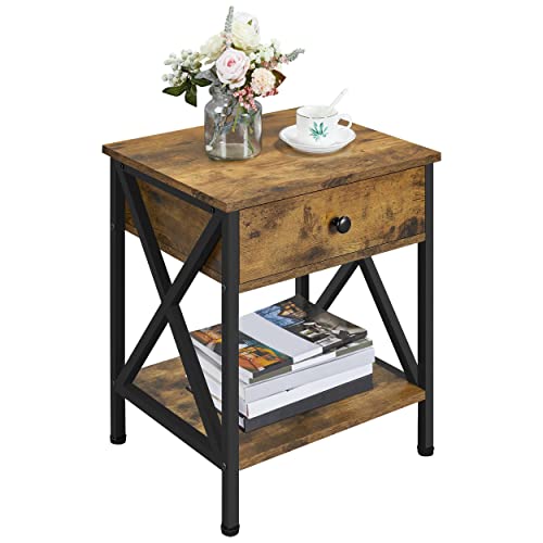 Yaheetech, Yaheetech Bedside Table 2-Layer End Table with 1-Drawer and 1-Bottom Shelf Metal Frame End Table for Living Room/Office,Rustic Brown