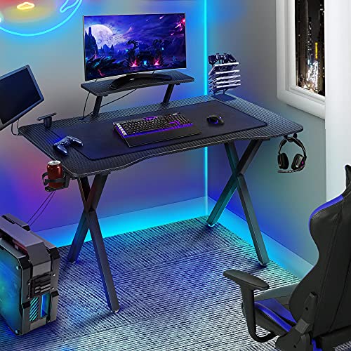 Yaheetech, Yaheetech Black Computer Desk Office Work Table Adjustable Gaming Table Movable Writing Desk Sturdy Steel Frame with Headphone