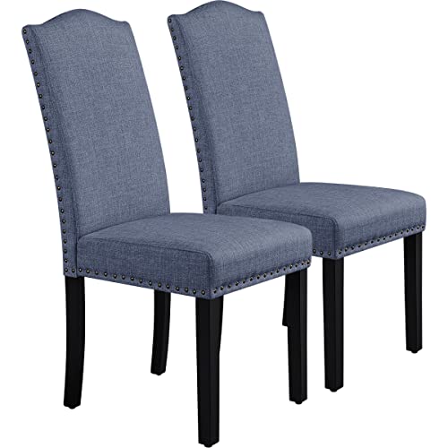 Yaheetech, Yaheetech Blue Set of 2 Fabric Dining Chairs Upholstered Kitchen Chair Side Chair High Back Solid Wooden Legs for Home Dining Room