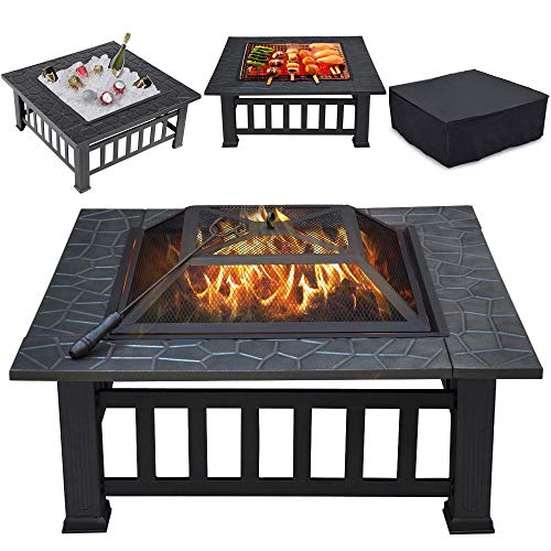 Yaheetech, Yaheetech Garden Fire Pits,Large 3 in 1 Outdoor Metal Fire Pit Square Stove Brazier Patio Heater for Heating,Cooling Drinks with Spark Screen, Log Poker and Cover