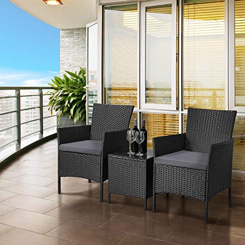 Yaheetech, Yaheetech Garden Furniture Sets 3 Piece Rattan Dining Furniture Set Wicker Patio Chair and Coffee Table with Cushions, Black & Grey