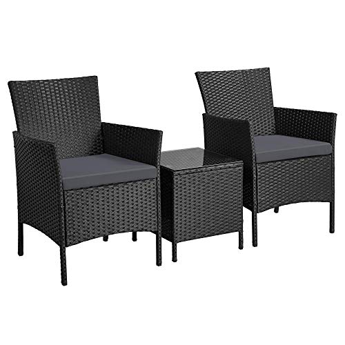 Yaheetech, Yaheetech Garden Furniture Sets 3 Piece Rattan Dining Furniture Set Wicker Patio Chair and Coffee Table with Cushions, Black & Grey