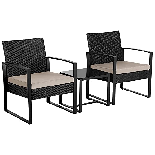 Yaheetech, Yaheetech Garden Patio Furniture Sets Rattan Dining Chairs and Table 2 Seaters Weaving Wicker Chairs with Cushion Black & Beige