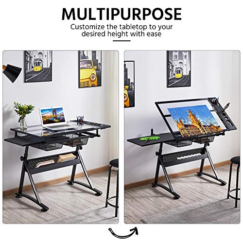 Yaheetech, Yaheetech Glass Drafting Table Adjustable Tilting Drawing Desk Craft Table Writing Desk with 2 Drawers and Stationery Storage