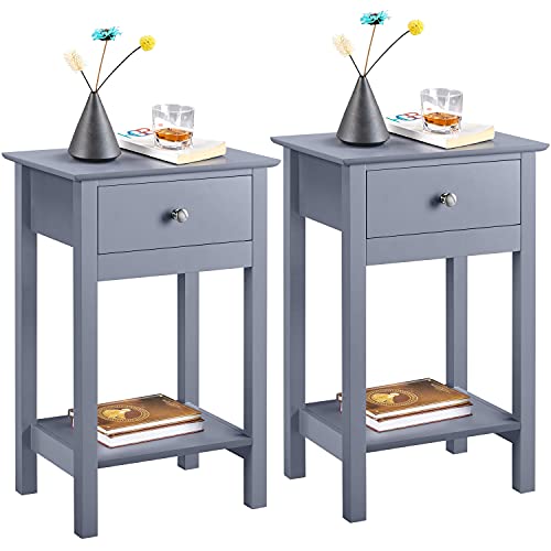 Yaheetech, Yaheetech Grey End Table Set of 2PCs with Drawer & Storage Shelf, Wooden Side Table Nightstand for Bedroom, Living Room & Office