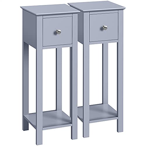 Yaheetech, Yaheetech Grey Slim Bedside Table Set of 2 Nightstand with Drawer Tall Telephone Table Narrow Side Table for Hallway/Living Room/Bedroom, 25x25x70cm