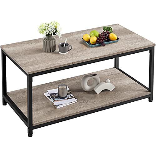 Yaheetech, Yaheetech Industrial Coffee Table for Living Room, Large Side Table with Metal Leg and Storage Shelf, Gray,100x50x45cm
