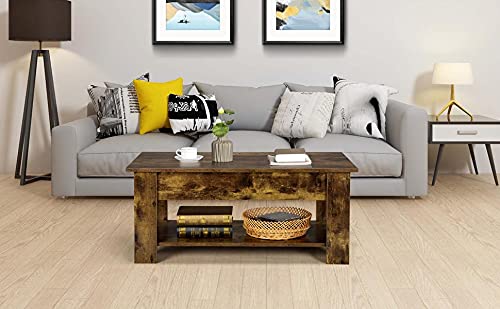 Yaheetech, Yaheetech Lift Top Coffee Table Wood Lifting Coffee Table Tea Table with Storage Shelf for Living Room, Rustic Brown, 98x50x55cm