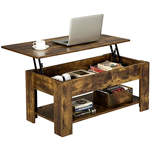 Yaheetech, Yaheetech Lift Top Coffee Table Wood Lifting Coffee Table Tea Table with Storage Shelf for Living Room, Rustic Brown, 98x50x55cm